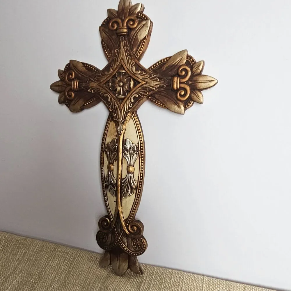 Ornate Wall Cross Fleur De Lis Gothic Gold Bronze Resin Religious Decor 14